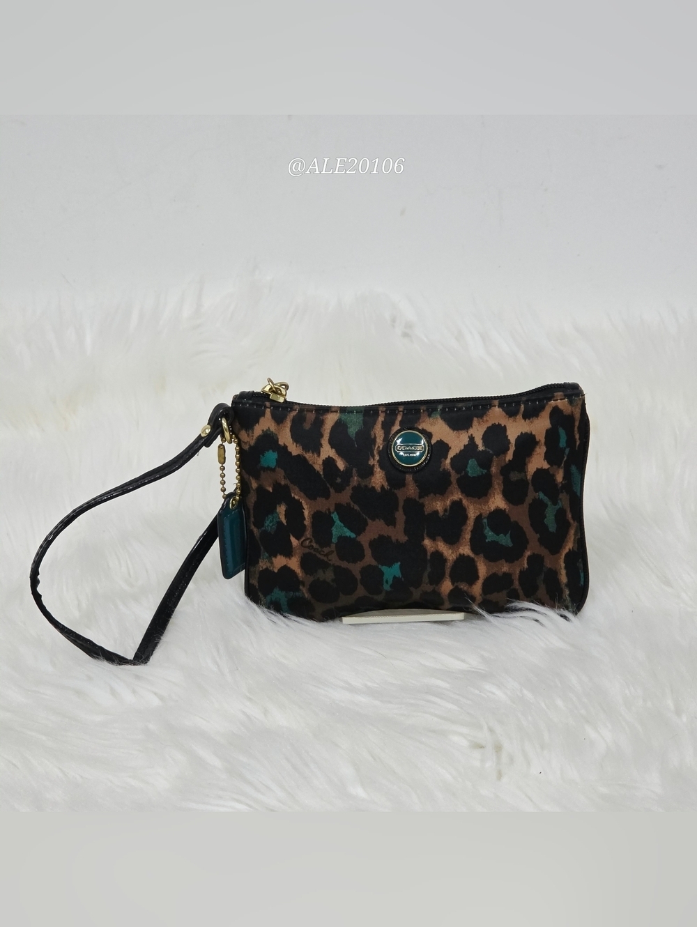 Coach Leopard Print Wristlet Zip Pouch Brown Teal Small Bag